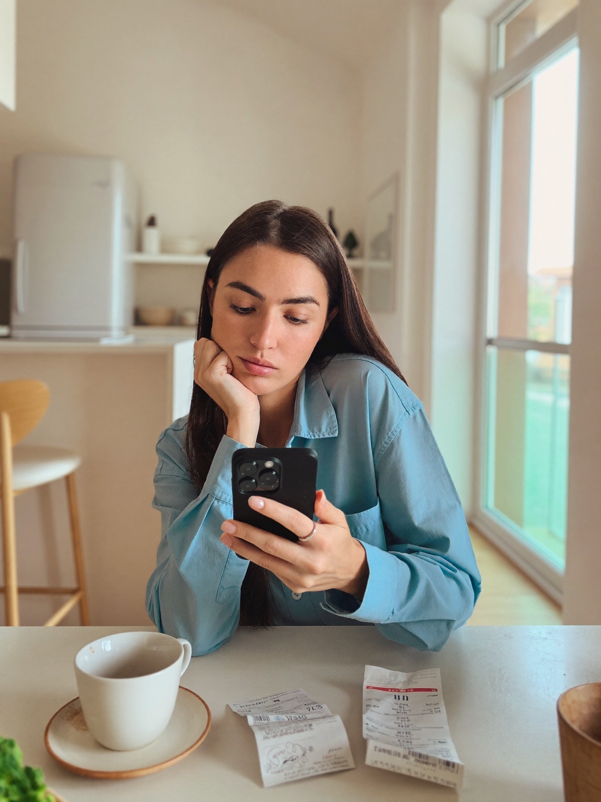 Mutfak masasında telefonuna bakan düşünceli bir kadın, önünde fişler